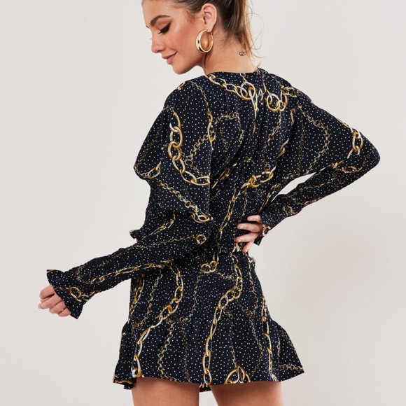 SALE $ NWT Missguided Navy Co Ord Chain Polka Dot Shirred Top US 2 - Picture 2 of 8